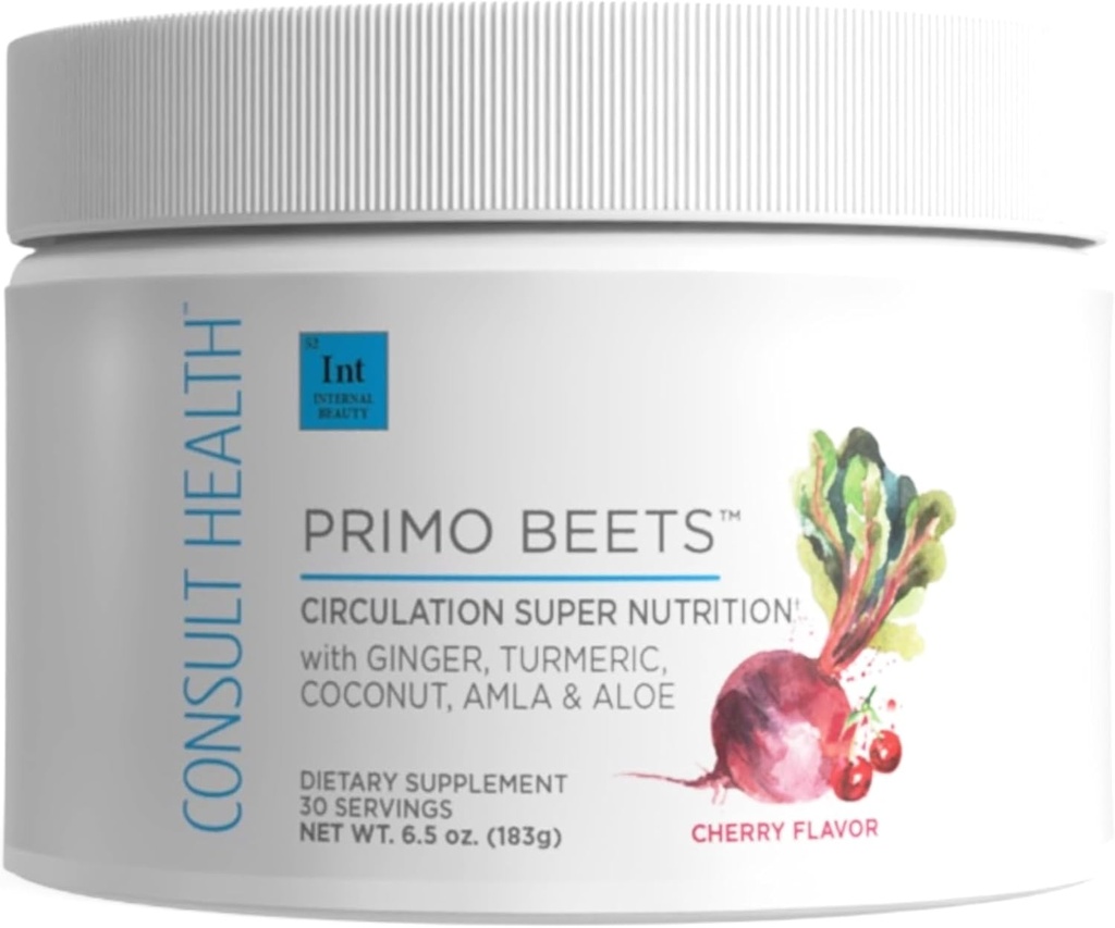 Consult Health Primo Beets - Mezcla de Bebida de Powder con electrolitos - Nitratos para soportar la Circulación - Boost de Energía - Ginger & Turmeric - para Hombres - Cherry Flavor - 30 Servimientos
