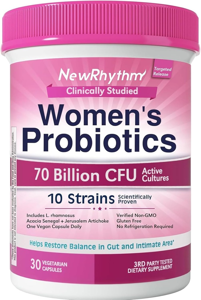 Probióticos de mujeres de NewRhythm, Prebióticos Orgánicos, 70 Estrechos CFU 10 de Billón, Probióticos Vaginales para la salud urinaria y digestiva, 30 cápsulas veganos, sin rubor