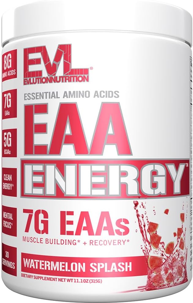 Evlution Nutrition EAA Energy - Pre & Post Workout Powder - Muscle Building " Recovery Supplement - 7g Essential Amino Acids + 5g BCAAs - Clean Energy - With Caffeine - 30 Servings - Watermelon Splash