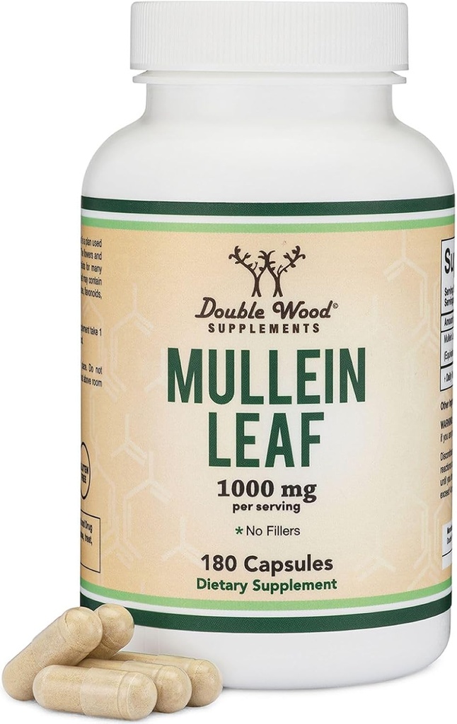 Mullein Leaf Capsules 10,000mg Fuerza, 180 Vegan Cajas Seguras sin Filleros para Pulmones y Salud Respiratoria por Madera Doble