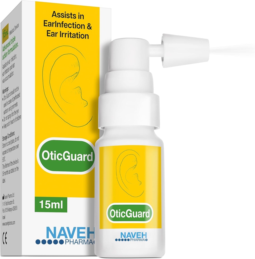 NAVEH PHARMA® Otic Guard - Natural Ear Spray Drops ← Orgánica Herbal Sweet Oil Blend 3 en 1 tóxico Itchy Ear, el oído de Swimmer, " Ear Wax Removal ← Orejas ocultas latitud 0.5 Fl Oz