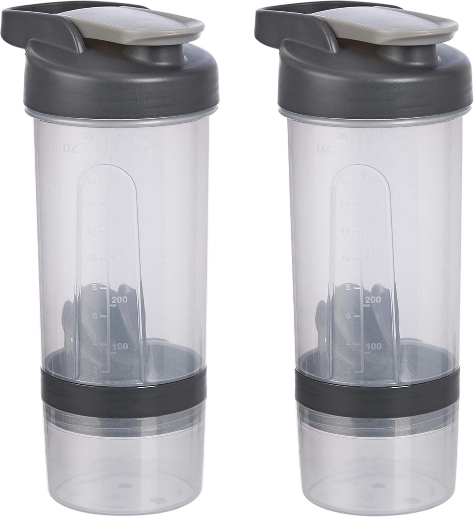 Amazon Basics Protein Shaker Botella con Mixer Ball, Copas para Shakes, 20 oz, 2-Pack, Gray, 11.8x9x23 cm