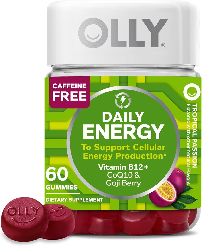 OLLY Daily Energy Gummy, Caffeine Free, Vitamina B12, CoQ10, Goji Berry, Suplemento Chewable Adulto, Tropical Flavor - 60 Cuenta