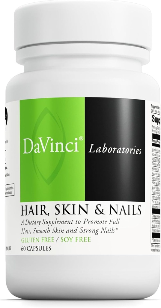 DaVinci Labs Hair, Skin & Nails - Suplemento dietético de apoyo Smooth, Healthy Skin, Strong Nails and Hair Health* - Con Vitamina C y D3, Minerales, Biotina, Zinc y Más - Sin gluten - 60 cápsulas
