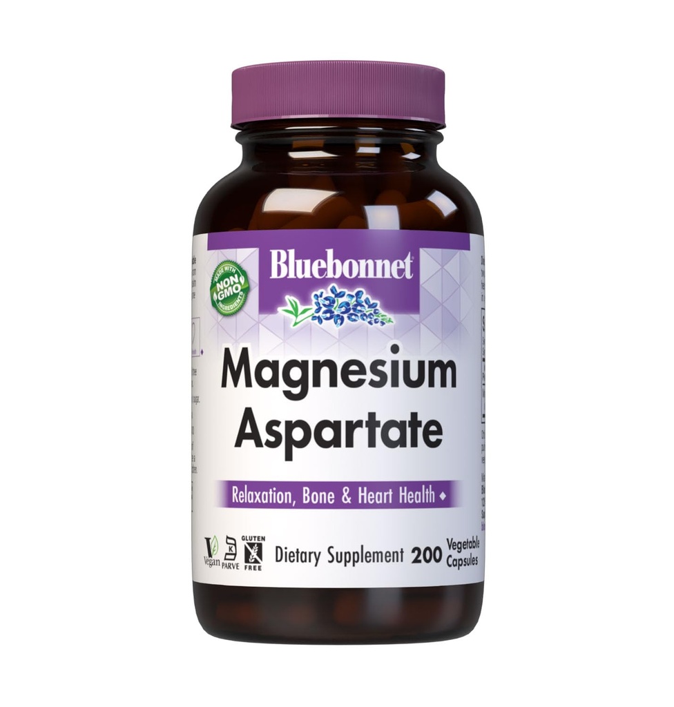 Bluebonnet Nutrition Magnesium 400 mg Chelated Magnesium Aspartate Daily Mineral, Heart &amp; Bone Support* Suplemento para hombres y mujeres Vegan, No GMO - 200 cápsulas vegetales