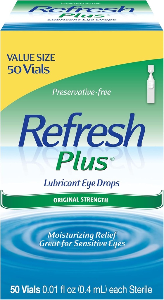 Refresh Plus Lubricant Eye Drops, Preservative-Free, 0.01 Fl Oz Single-Use Containers, 50 Cuenta, Packaging May Vary