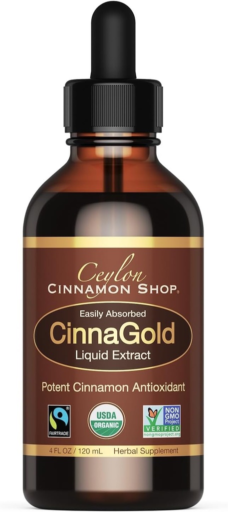 CinnaGoldTM Ceilán orgánico (100% certificado) Suplemento, Extracto líquido de alta potencia, 4 oz. – Super Antioxidante