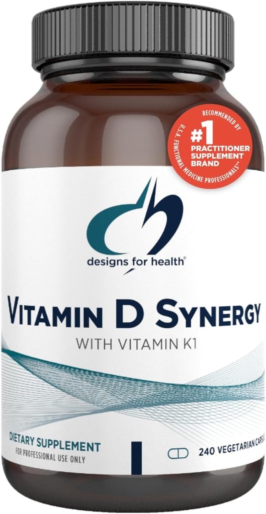 Diseños para la Sinergía de la Vitamina D de Salud - 2000 UI Vitamina D con suplemento K - Apoyo a los Moods saludables, Bone Health + Immune Health for Adults - VIT D3 + Vitamin K - Gluten Free + Non-GMO (240 cápsulas)