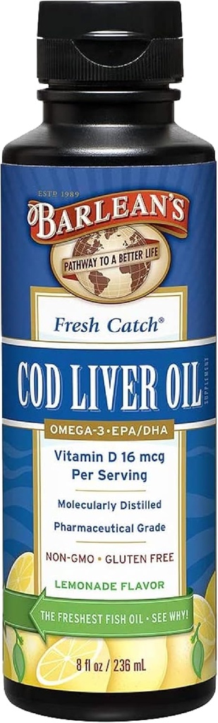 Suplemento líquido de aceite de hígado de bacalao de Barlean, aceite de pescado de Omega 3 con 900 mg EPA y DHA Plus Vitamina D, Suplementos para el apoyo conjunto, cerebro y corazón salud, Lemonade Flavor, 8 oz