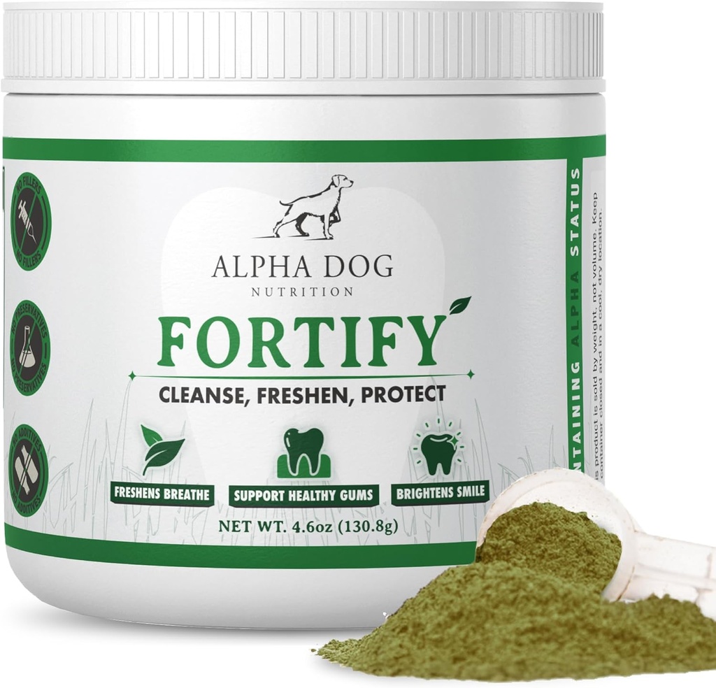 Polvo de limpieza de dientes para perros - Fortalecer Polvo dental para perros - Retirador de placas y Frenos Breath malo con suplementos verdes frescos - Contiene Kelp, Probióticos, y otros ingredientes de limpieza de dientes
