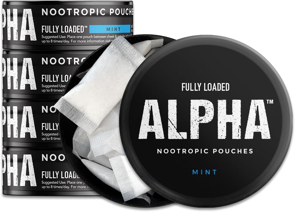 Pouches alfa nootrópicos (Mint) - 5 Cans - 15 Pouches por lata - Envío nootrópico efectivo, sustitución de nic Pouch - absorción más rápida, GPC alfa, L-Tyrosine, GABA