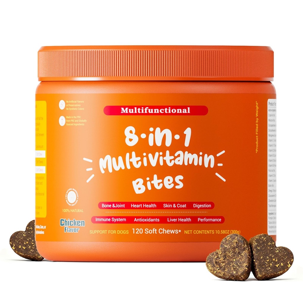 Dog Multivitamin, Chewable Dog Vitamins and Supplements for Hip & Joints, Skin & Coat, Omega 3 Fish Oil for Dogs- Senior & Puppy Multivitamin- Chicken- 120ct,Chicken Flavor