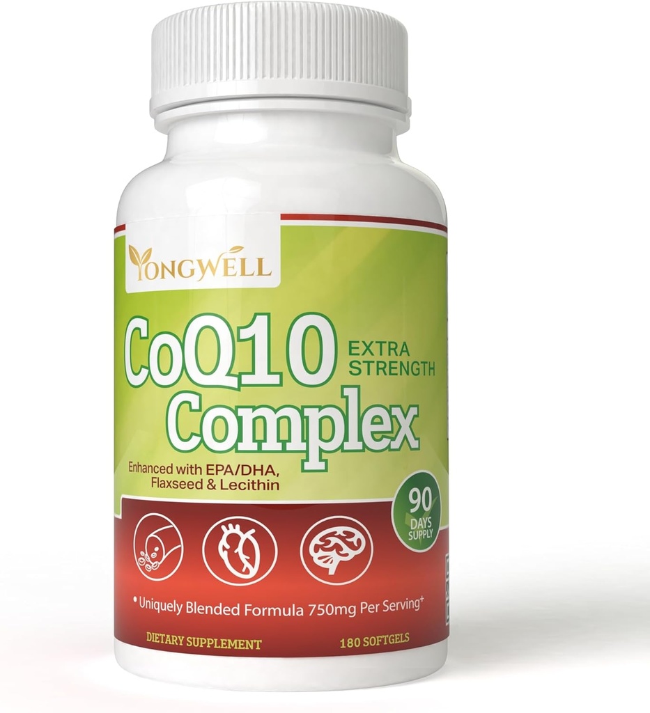 Complejo CoQ10 de fuerza extra, mejorado con EPA/DHA, Lecithin, Flaxseed y Vitamina E (180 Softgels)