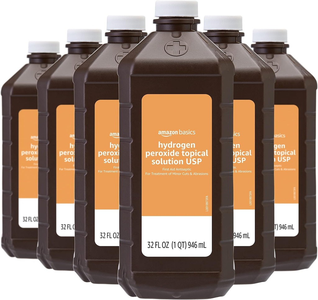 Amazon Basics Hydrogen Peroxide Solución tópica USP, Desarrollado, 32 Fl Oz, Pack de 6