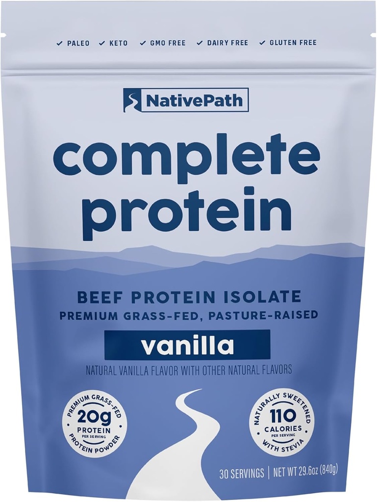 NativePath Isolato de proteína completa de carne de vaca - Grass-Fed, Pasture-Raised, Dairy & Lactose Gratis, Gluten Free, Zero Sugar, MCTs & Aminoácidos – 20g Proteína, Vanilla Flavor, 30 Servimientos