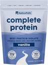 NativePath Isolato de proteína completa de carne de vaca - Grass-Fed, Pasture-Raised, Dairy & Lactose Gratis, Gluten Free, Zero Sugar, MCTs & Aminoácidos – 20g Proteína, Vanilla Flavor, 30 Servimientos