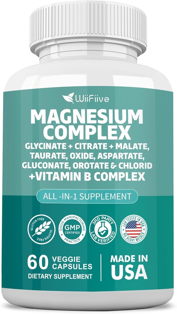 Suplemento Complejo de Magnesio, Clycinate 141mg Oxide 228mg Malate 58.5mg Citrate 62.4mg con Orotate Glycina Taurate Cloruro Aspartate Vitamina B, Max Absorción, Gluten-Free, Non-GMO