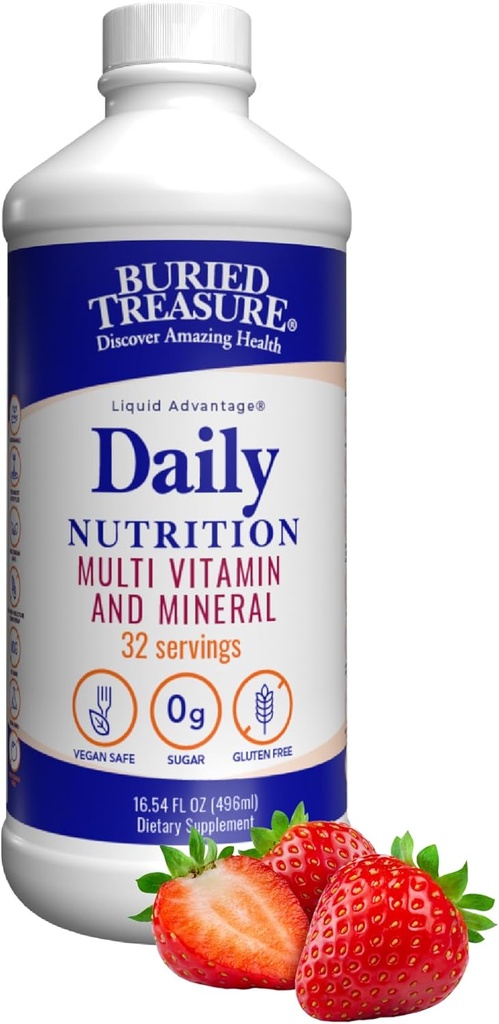 Tesoro enterrado Nutrición diaria Multivitamina líquido y suplemento mineral con minerales de rastro, Superalimentos, Vitamina A, B-Complex, C, D, E, Methylfolate, Biotina, Magnesio, Zinc, Resveratrol, 32 serv