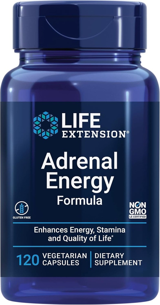 Life Extension Adrenal Energy Formula, Ayuda a inhibir The Effects of Stress, Holy Basil, cordyceps, bacopa and ashwagandha, Gluten Free, Non-GMO, Vegetarian, 120 Capsules