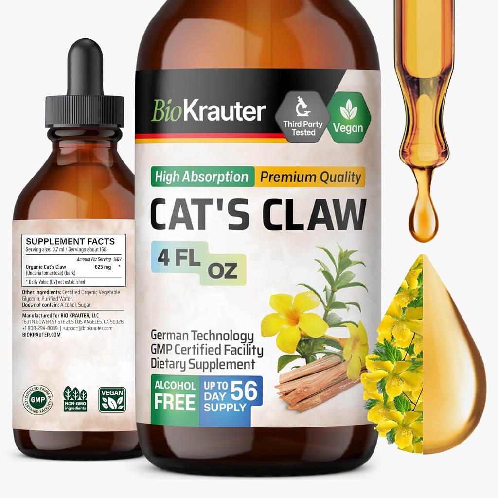 BIO KRAUTER Gatos Claw Tincture - Gatos líquidos Claw Herb for Immune Support - Alcohol & Sugar Gratis - Vegan Drops 4 Fl.Oz.