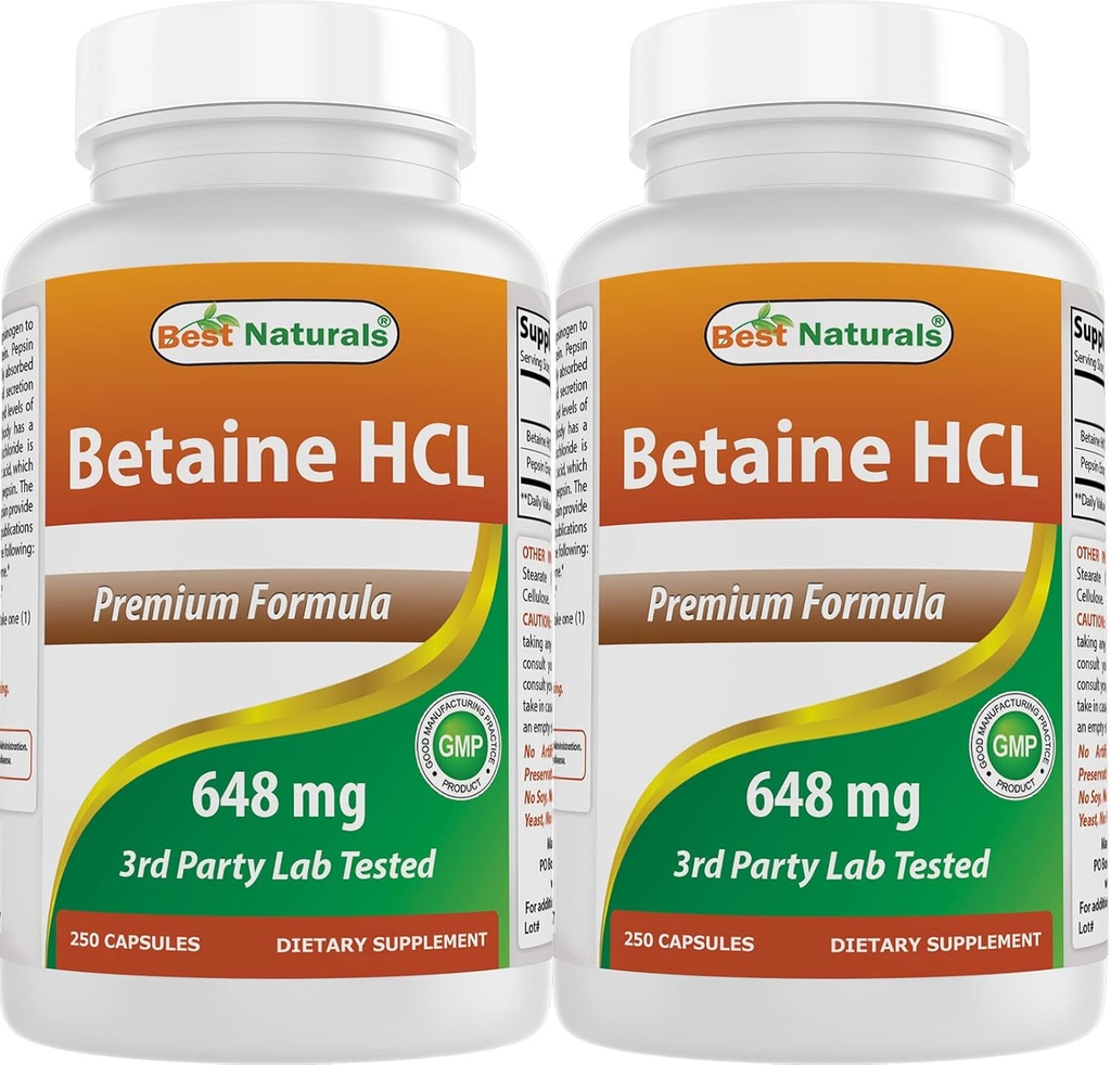 Mejores Naturales Betaine HCL 648 mg 250 cápsulas (250 Cuenta (Pack de 2))