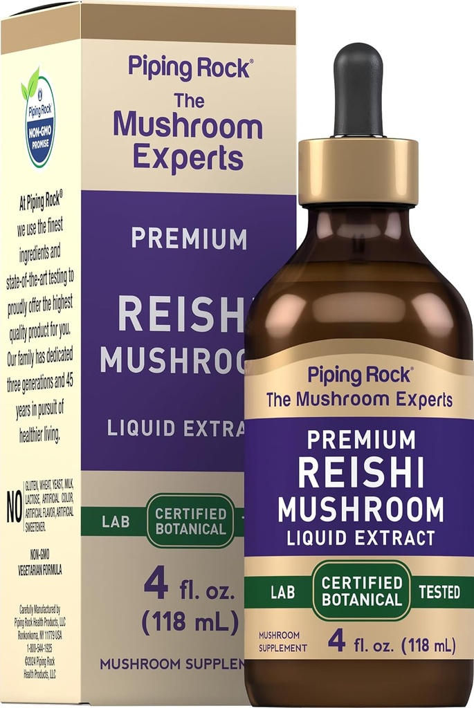 Piping Rock Reishi Mushroom Extract Tincture TEN 4 fl oz TEN VENTA Líquido Vegetariano gotas TENIDO Alcohol Libre ANTE NO GMO, Gluten Suplemento Gratis