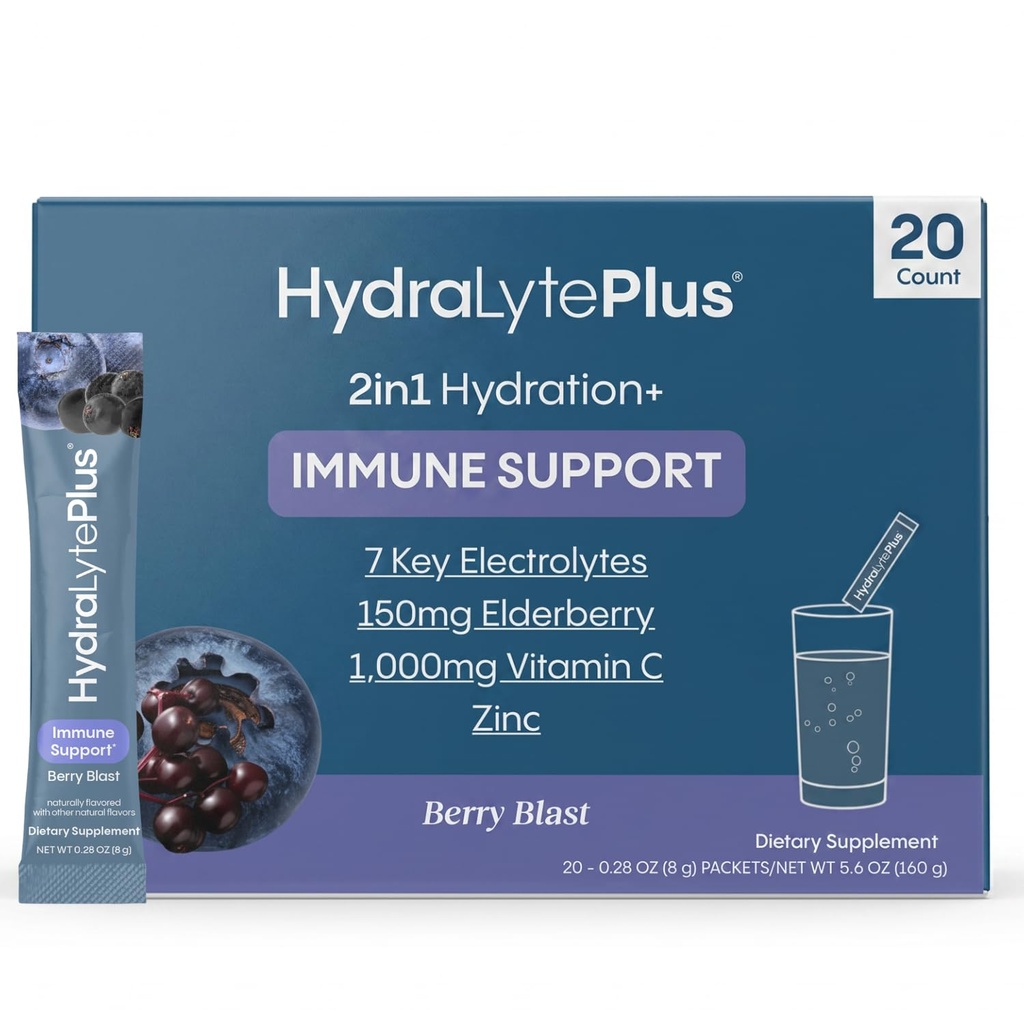 Electrolitos Hidralíticos Plus Inmunity, Elderberry - Polvo de Rehidratación Rápida de Azúcar - Ligeramente Sparkling Electrolyte Powder Packets con 1000 mg de vitamina C y 300 mg de Elderberry (8oz Serve, 20 Conde)