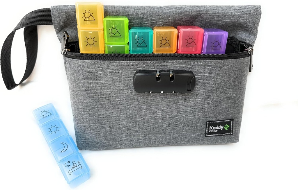 Kaddy semanal AM/PM Caja de Organizador Seguro de Píldora, (7-Día / 4-Tiempos-A-Día) Viajes portátiles con grandes componentes para medicamentos, suplementos y vitaminas, 3 Digit Lock for Safety