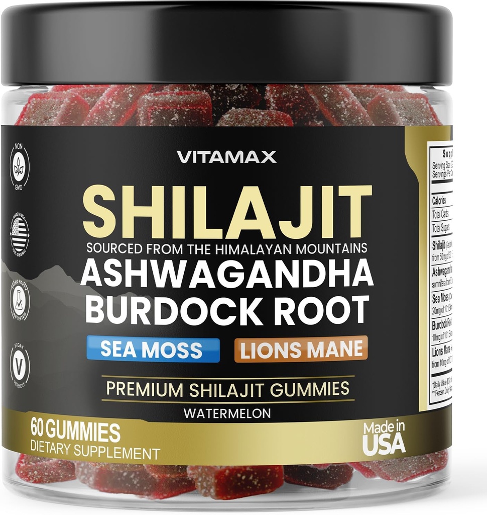 Orgánica Shilajit Gummies, Sea Moss, Ashwagandha, 105+ Trace Minerals – Orgánica Burdock Root & Lions Mane Mushroom – Watermelon Flavor - Vegan & Non-GMO – Made in USA – 60ct