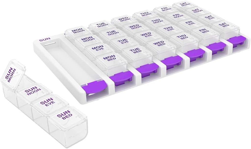 EZY DOSE semanal (7 días) 4 veces al día Empujar el botón Organizador y Planificador de vitaminas, Removibles cajas de píldoras diarias, púrpura, tapas claras, pequeñas