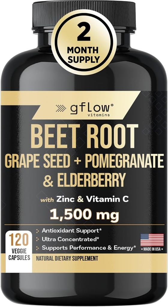 Beet Root Capsules - Alta fórmula concentrada, Extracto de Beetroot, Elderberry con Vitamin C, Zinc, Pomegranate, Semillas de Grape, Suplemento de Oxido Nitrico - Non-GMO, EE.UU. Hecho - 2 meses de suministro