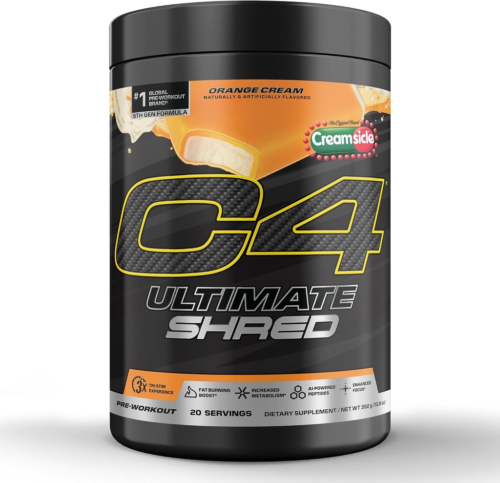 Cellucor C4 Ultimate Shred Pre Workout Powder, Metabolismo Suplemento con Cayenne Extract+300mg Caffeine+TeaCrine+Dynamine - Cremsicle de naranja, 20 Servimientos