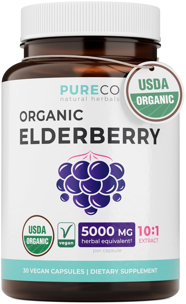 Cápsulas de Elderberry Orgánica - 10:1 Extracto Niveles de 5.000 mg de Elderberries Fresco (Vegan) para Immune Support, Alergía, Sinus Relief - Sambucus Nigra - Black Elderberry - 30 Cápsulas (No Pills o Gummies)