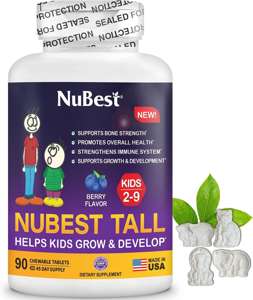 NuBest Tall Kids - Vitaminas y Vitaminas Infantiles por Edad 2 a 9 - Soporte Fortaleza de Hueso, Salud e Inmunidad Global - Formas de Animales - 90 Tablas de Berry Chewable ← 6 Semanas Suministro