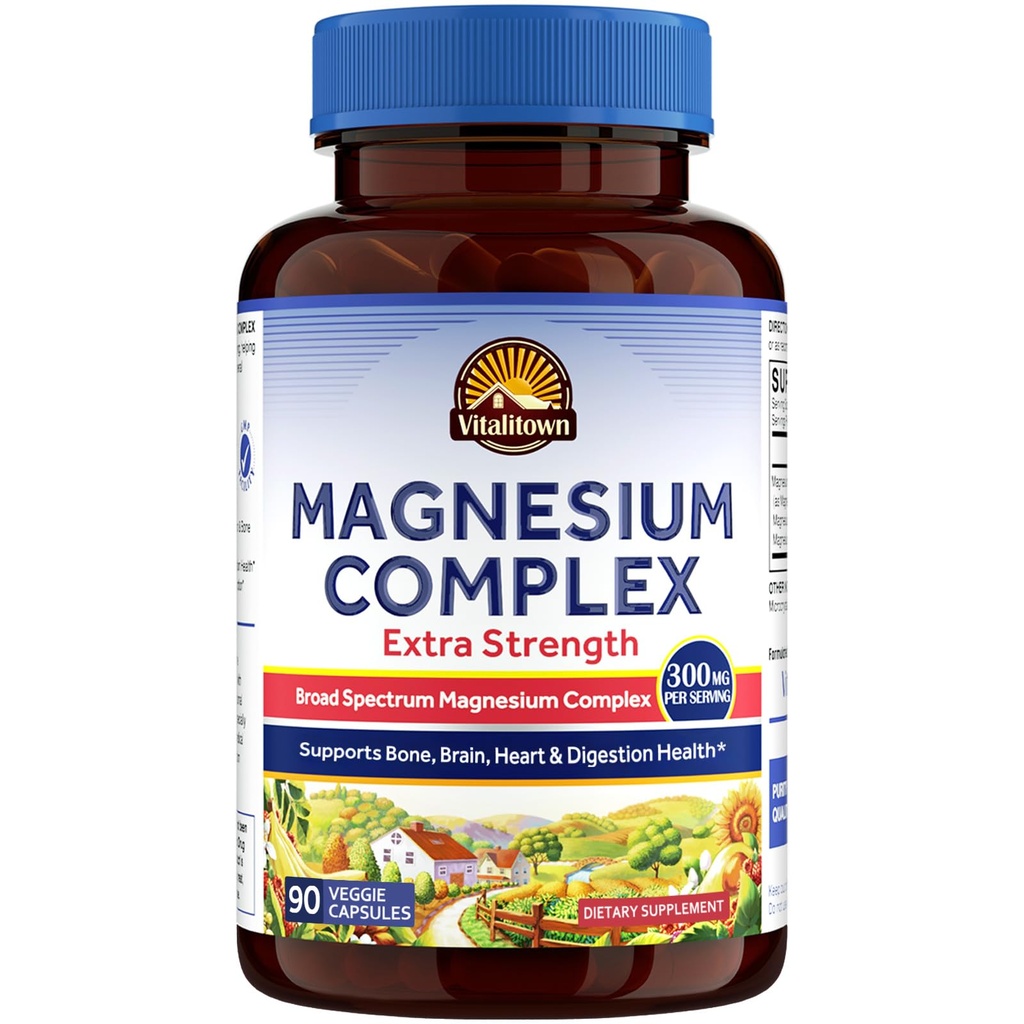 Vitalitown Magnesium Complex Suplemento TENIDO 300mg Elemental Mag ANTE Magnesium Citrate Glycinate Taurate Malate ANTE No Gluten, 90 Vegan Magnesio Capsules para Bone Brain Heart