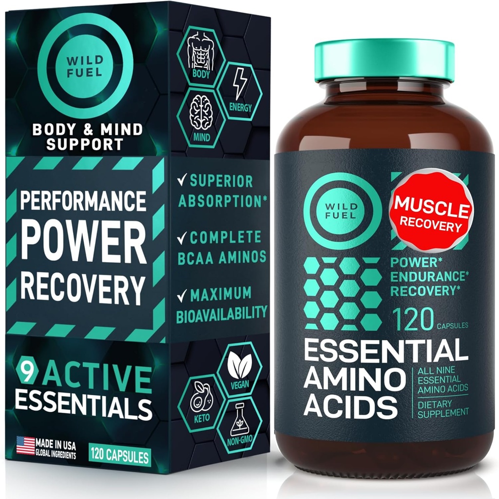 Suplemento de Aminoácidos Esenciales - 3000mg Leucine, Lysine, Isoleucine, Complejo Completo de Triptofan - Los 9 Mejores Aminoácidos para el Crecimiento del Musculo, Poder, Recuperación - 120 Vegan, Keto-Friendly BCAA Capsules