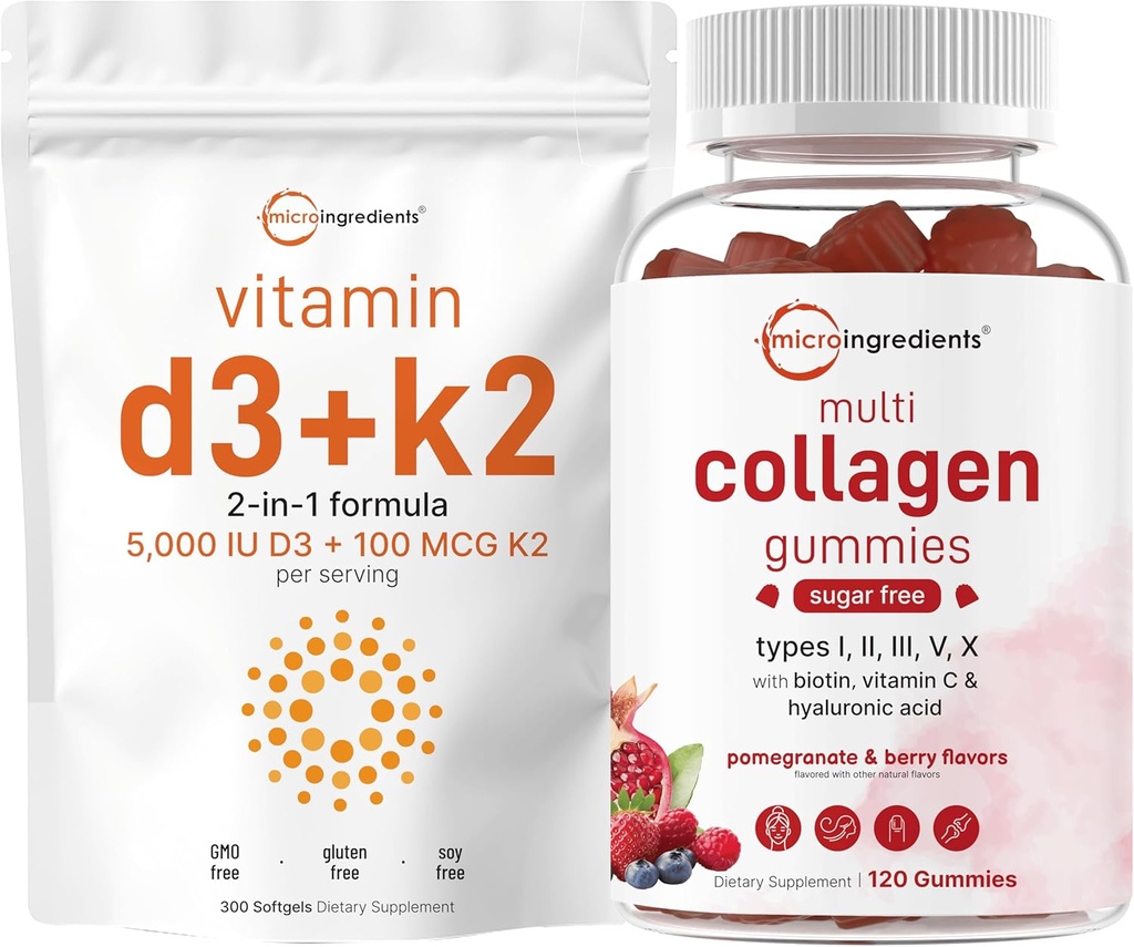 Micro Ingredientes Vitamina D3 5,000iu + K2 100mcg Softgels & Multi Collagen Peptides Gummies Bundle Pack ← Esencial Sunshine Vitaminas Silencio Tipo I,II,III,V,X Proteína con Biotina, Ácido Hialurónico, Vitami