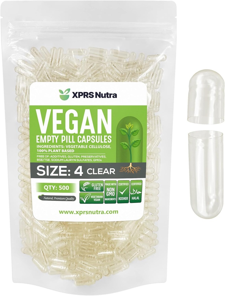 XPRS Nutra Tamaño 4 Cápsulas vacías - 500 Cuentas Limpias - DIY Relleno de cápsula vegetal - Fillable Do-It-youself Veggie Pill Caps for Supplements
