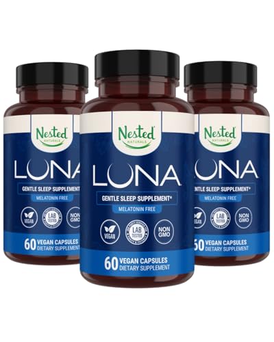 Naturales anidados Luna Melatonin Libre, No-Habit que forma Herbal Suplemento de sueño w / Mueble, Valerian, L-Theanine, 180 cápsulas veganos (60 cápsulas por botella)