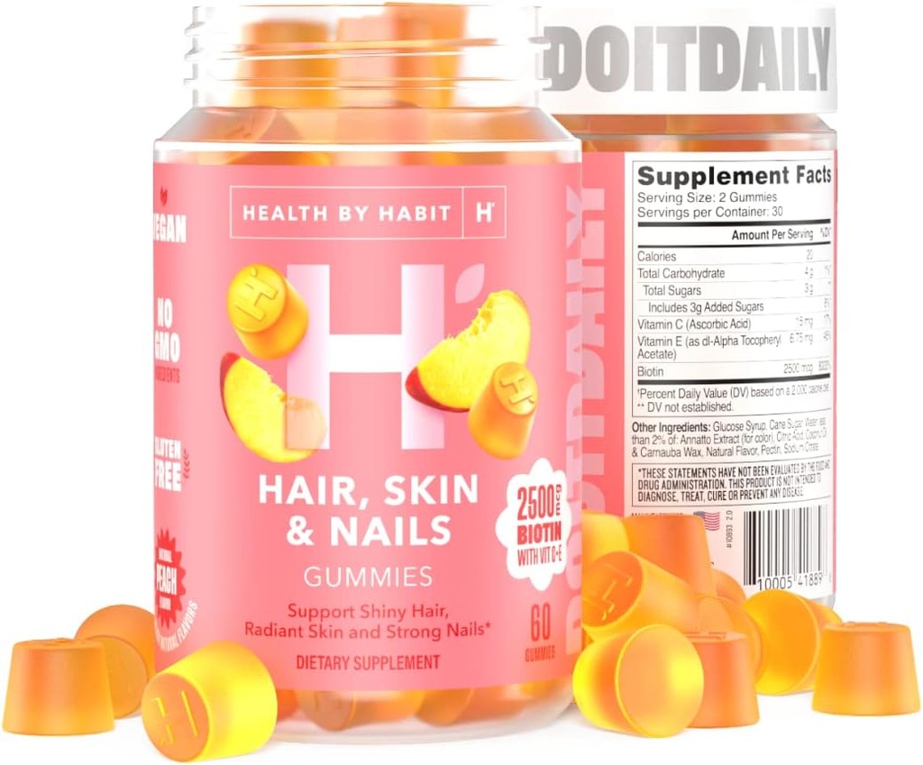 Salud por Habit Hair, Skin and Nails Supplement (60 Gummies) - 2500mcg Biotin, Vitamina C, Vitamina E, Peach Flavor, Vegan, Gluten Free, Non-GMO