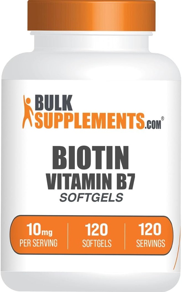 BulkSupplements.com Biotina 10000mcg Softgels - Vitamina B7, Biotina Vitaminas para el cabello, la piel y las uñas, Biotina Suplemento - Gluten Gratis, 1 Softgel por Serving, 120 Cuenta (Pack of 1)