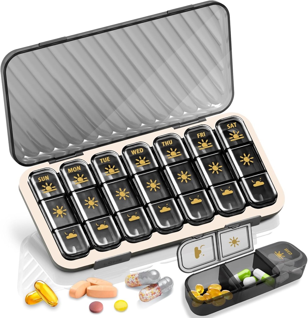Organizador semanal de píldoras 3 veces al día, GloDeals gran caja de carga de viaje 7 días, Am Pm Tres caja de píldoras diarias con contenedor de medicina extraíble, portador de píldoras para vitamina, suplemento, aceite de pescado, negro