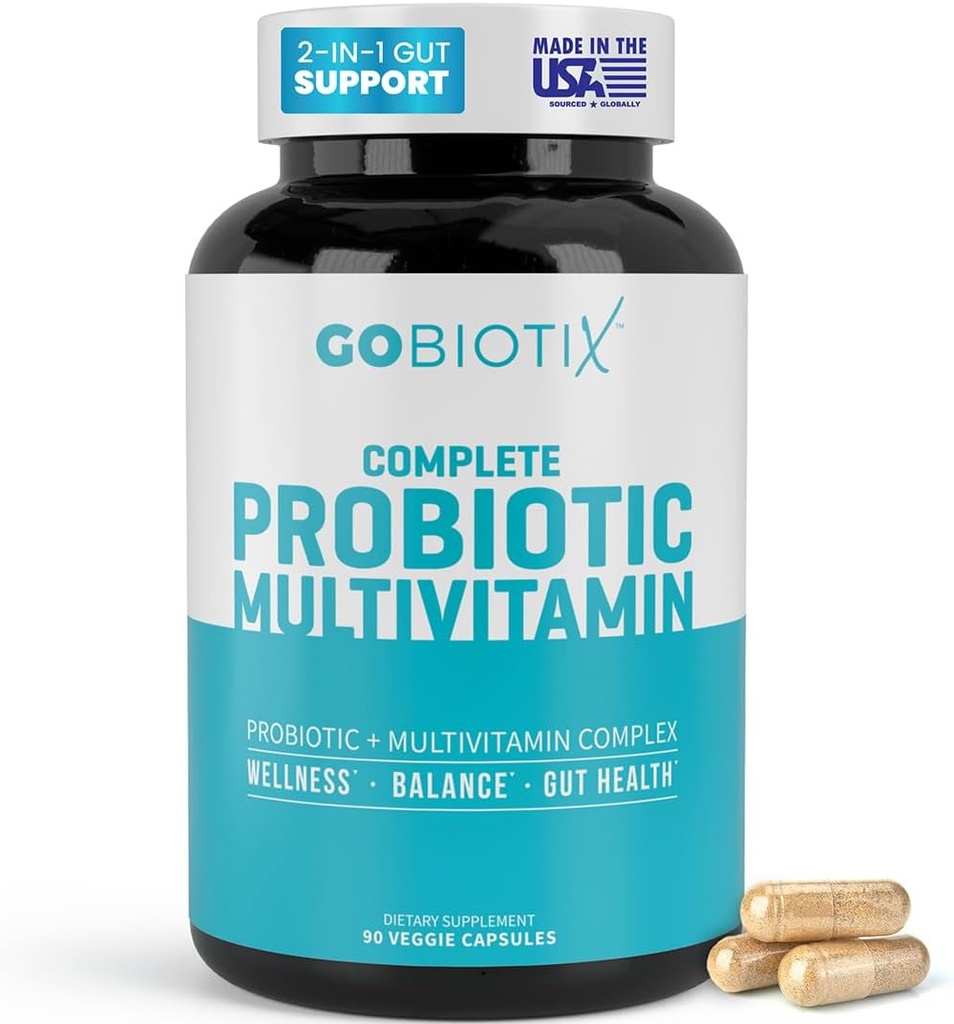 GOBIOTIX Multivitamina con Probióticos y Enzimas Digestivos - 25 Billones CFU - Salud Digestiva, Probióticos para Mujeres y Hombres - Gluten Free Pills - 90 cápsulas