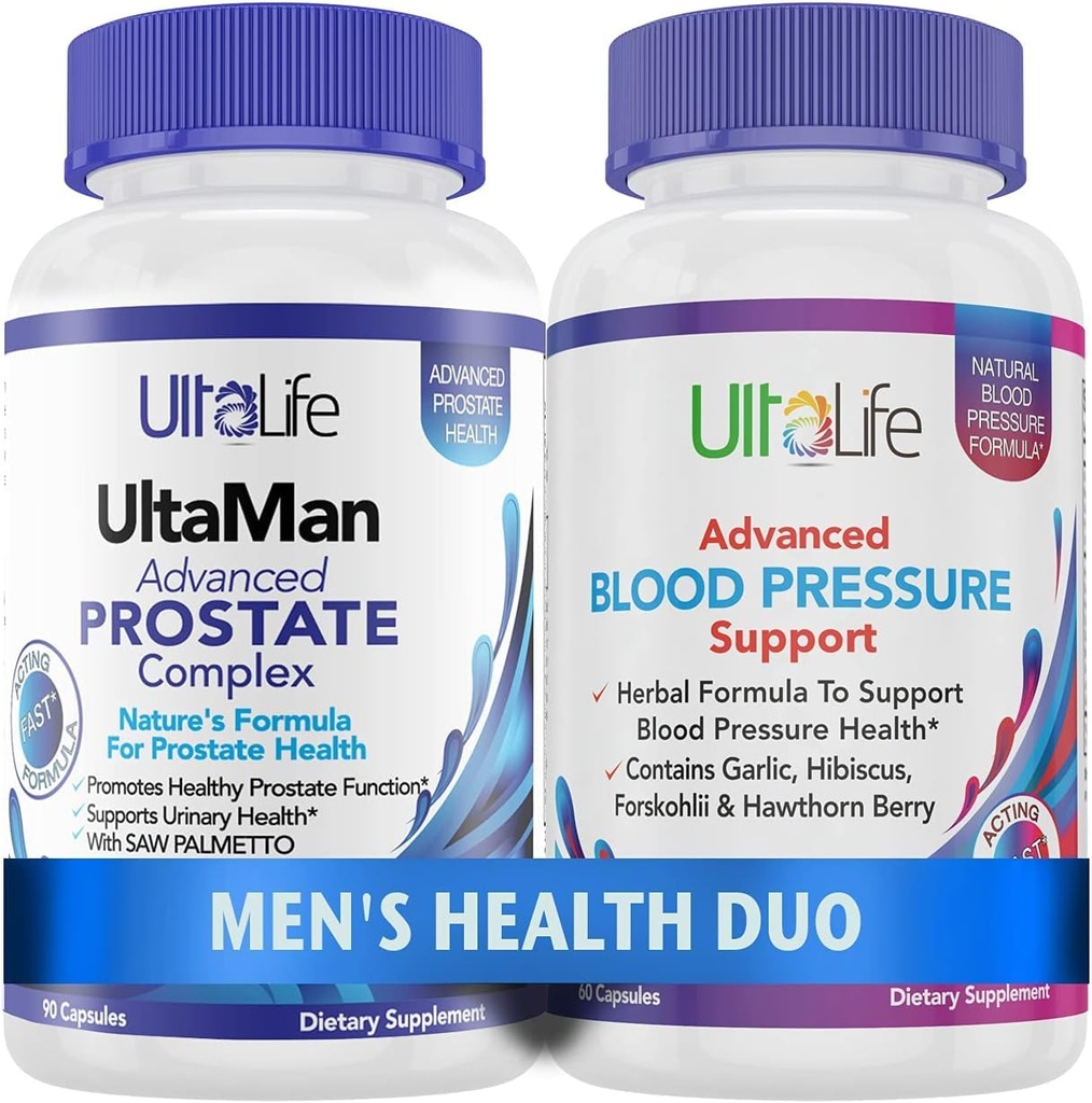 Men's Health Duo - 2 Bottles - Un Complejo de Apoyo Prostata con Saw Palmetto & Beta Sitosterol & Un suplemento de presión arterial alta con ajo & Hawthorn Berry cápsulas de acción rápida para hombres