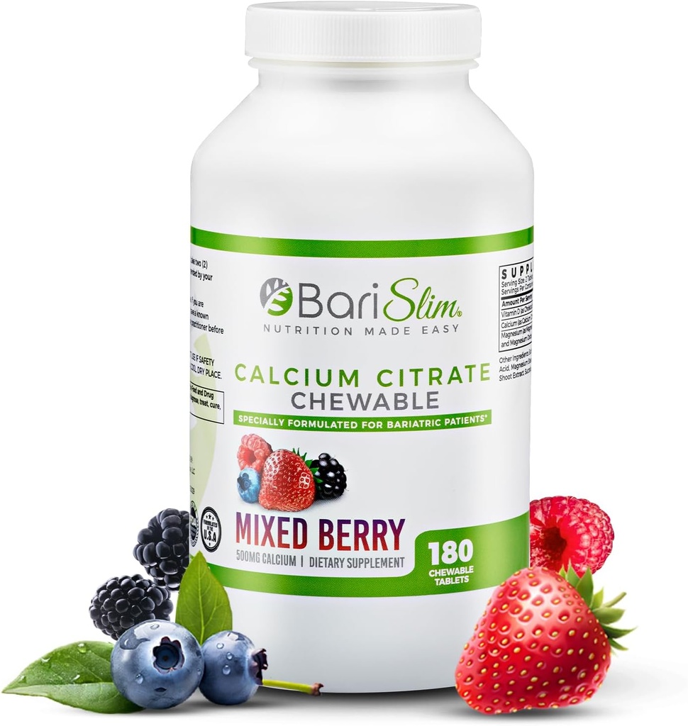 Citrate BariSlim Bariatric Calcium con Magnesio y Tabs Vitamina D - 500 mg de Calcium Citrate Per Serving - Formulado para Pacientes Después de la Pérdida de Peso Cirugía ← Berry mixto (90 Servings)