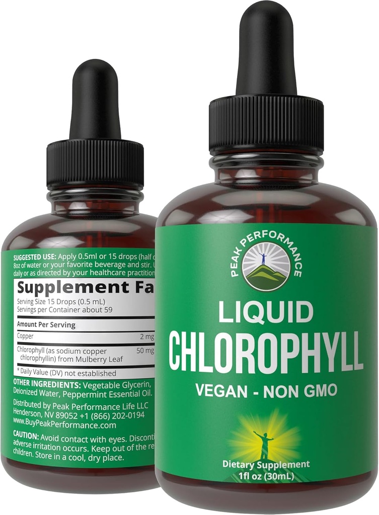 Chlorophyll Liquid Drops - Ultra High Purity, Alcohol Free, Non-GMO, Gluten Free Liquid Chlorophyll Drops Supplement. Toma con Agua. Desodorante interno + Cuidado de la piel, Apoyo inmunitario y digestivo