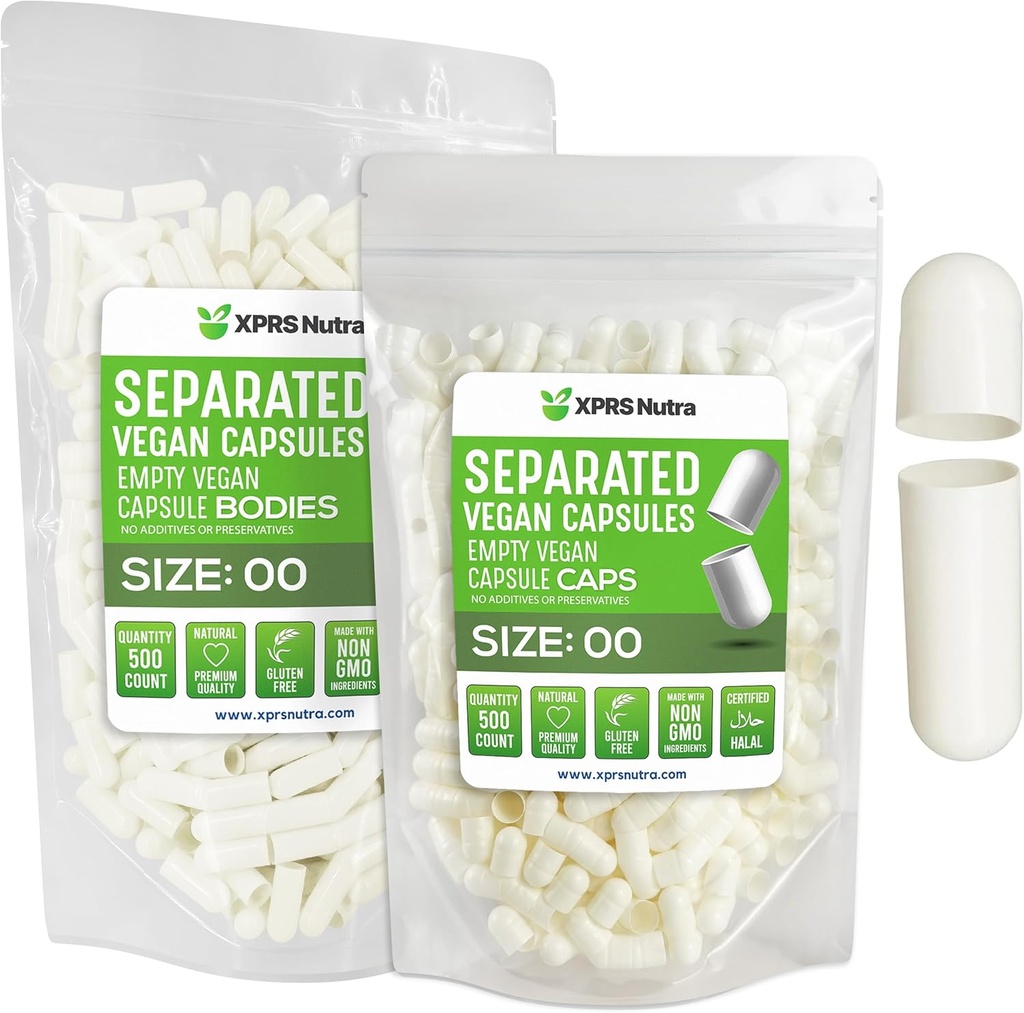 XPRS Nutra Vegan Tamaño 00 cápsulas separadas - 500 cápsulas de vacío Premium Separados en bolsas - 00 pastillas Vacío para relleno de suplemento de bricolaje (White)