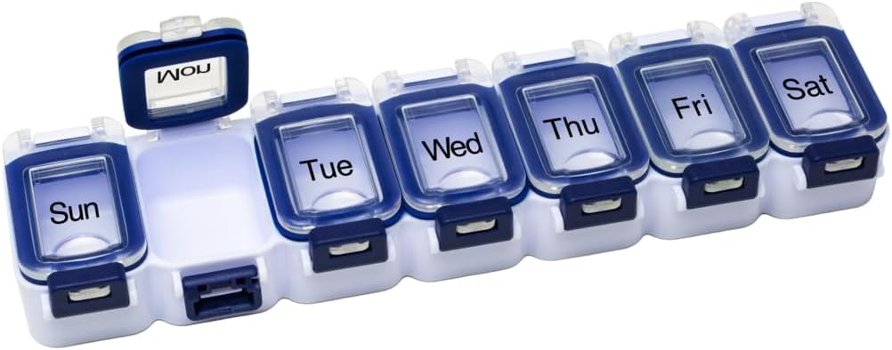 EZY DOSE Planificador semanal de píldoras (7 días), Caso de medicina, Caja de organizador de vitaminas, Compartimientos de bloqueo impermeable para medicamentos de prescripción segura y prevenir el espiramiento accidental, azul