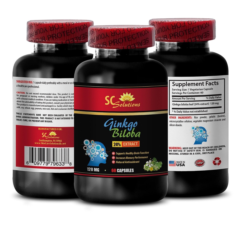 brain and memory booster - GINKGO BILOBA 24% EXTRACT 120MG - gingko biloba tablets, brain and memory booster, brain support, memory focus supplement, brain boost, gingko biloba tablets - 1B 60 Caps