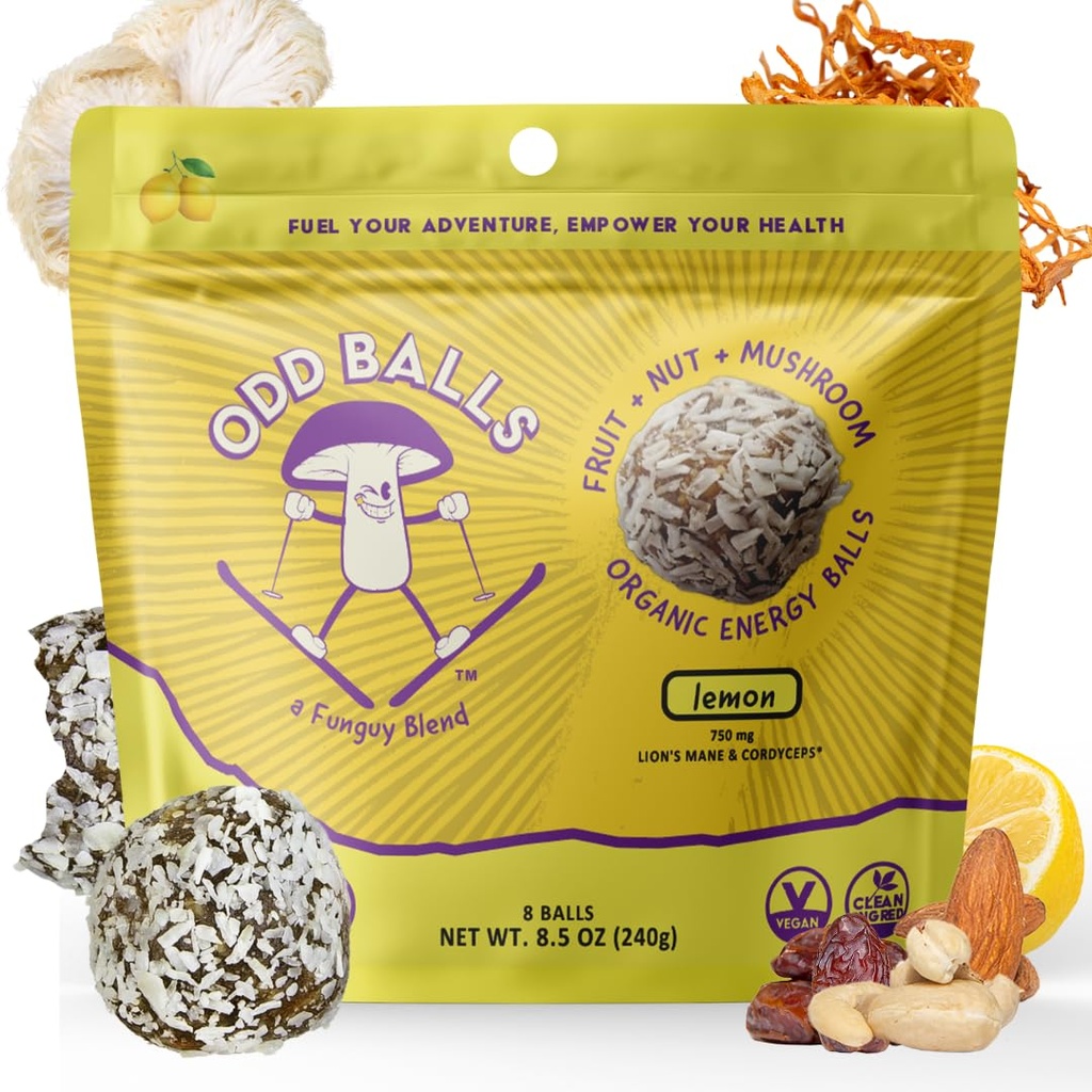ODD BALLS Organic Energy Balls Lemon - Superfood Mushroom Snack - Running, Cycling, Hiking - Gels, Bares Alternative - Lion's Mane Focus, Cordyceps Energy - Vegan, Gluten Free Snacks for Kids & Adults